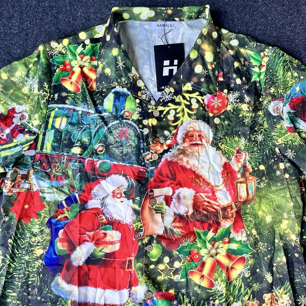 New Hawalili Santa Express Christmas Short Sleeve‎ Button Shirt Mens L